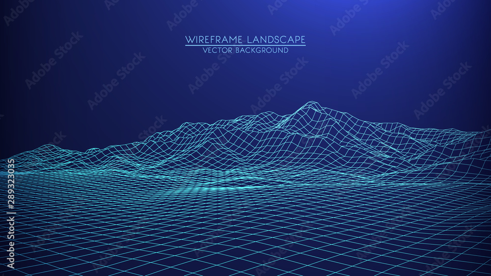 Poster vector retro futuristic background. abstract digital landscape with particles dots and stars on hori