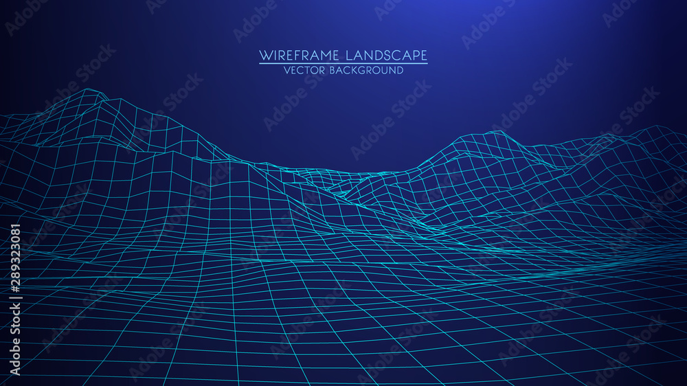 Poster vector retro futuristic background. abstract digital landscape with particles dots and stars on hori