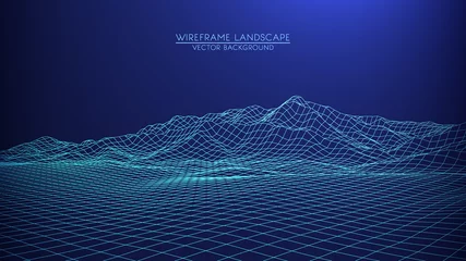 Fototapete Aubergine Vector retro futuristic background. Abstract digital landscape with particles dots and stars on horizon. Wireframe landscape background. Big Data Digital retro landscape Retro Sci-Fi Background.  © Maxim