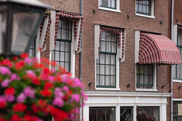 Fototapeta na wymiar Traditional Dutch houses near canal in a beautiful sunny day