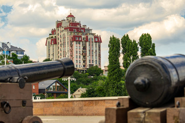 Voronezh, Russia, June 17, 2019. Copy of two guns from ship Goto Predestination on Admiralty Square...