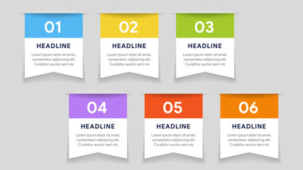 Vector paper arrows infographic, banners diagram, labels graph, stickers presentation chart. Business concept with 6 options, parts, steps, processes. Slide template.