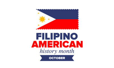 Filipino American History Month. Happy holiday celebrate annual in October. Filipinos and United States flag. Culture month. Patriotic design. Poster, card, banner, template. Vector illustration