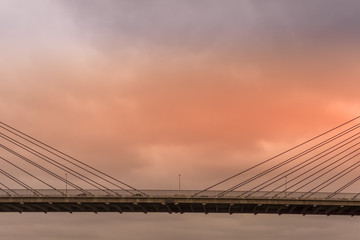 Fototapeta premium Anzac Bridge, Sydney— an 8-lane cable-stayed bridge spanning Johnstons Bay between Pyrmont and Glebe Island. Minimal Aesthetic. Architectural Photography.