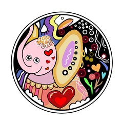 A cute elephant is celebrating a birthday on a round colored background.