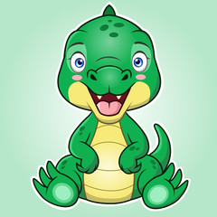 A cute cartoon of crocodile or porosus sitting with green background.
