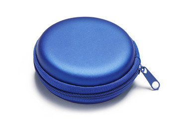 Blue round pouch with a zipper, isolated on white background