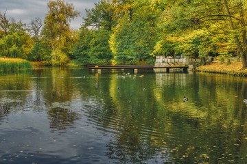 Fototapeta na wymiar słoneczny jesienny dzień, widok na staw parkowy z obiciami drzew w wodzie i pomostem
