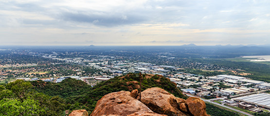 Aerial view of rapidly sprawling Gaborone city spread out over the savannah, Gaborone, Botswana,...