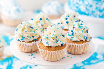 Birthday candy bar. Vanilla cupcakes with white cheese cream