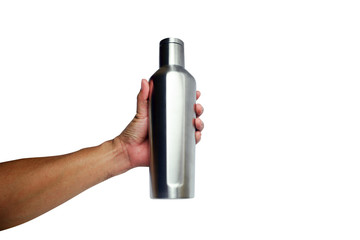 a left adult hand holding stainless water bottle on white background isolated