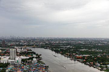 Nonthaburi ,Thailand. -AUG 07, 2019 Top view of city and Chao Phraya River and Nonthaburi Bridge. Location in Nonthaburi province, Thailand