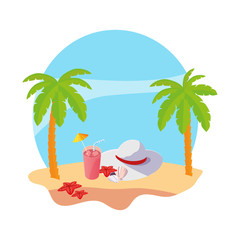 summer beach with palms and female hat scene