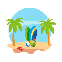 Fototapeta na wymiar summer beach with palms and surfboards scene