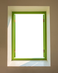 green window frame with brown cement wall with white space in the middle