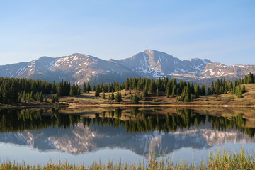 Landscape of Little Molas Lake, reflections, trees and the San Juan Mountains