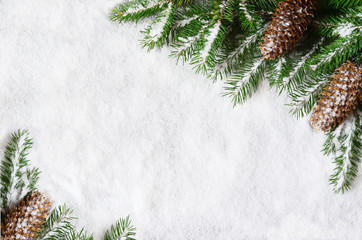 Christmas background, green pine branches, cones on snow background. Creative composition with border and copy space, top view. New Year's, holiday, christmas, decoration. - obrazy, fototapety, plakaty