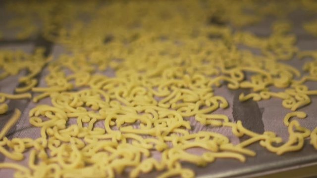 Slow motion of short raw pasta passing and jumping on a conveyor belt in a pasta factory. 