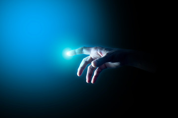 dito, mano, tecnologia, buio, luce, illuminata,