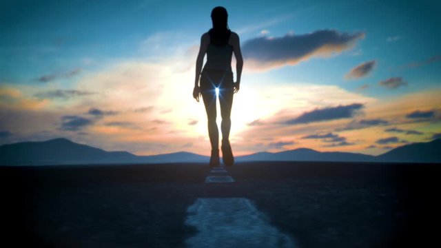 Woman Walks Toward Sunset. animated render of a female walking on a road towards a sunset with lens flare as the camera moves back