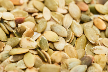 close up view of tasty roasted pumpkin seeds