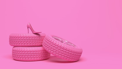 Pink car wheel and pink women's shoe on a pink background. Creative conceptual illustration in a glamorous girlish style. Copy space for text or logo. 3D rendering.