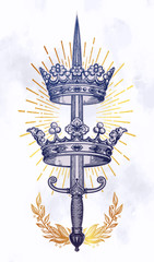 Ornate crowns pierced by the sword. Vintage gothic style inspired art. Vector illustration isolated. Tattoo design, trendy romance symbol.