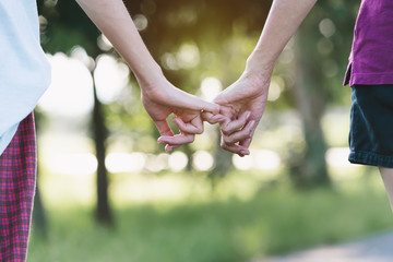 Closeup two person hook each other's little finger on nature background.