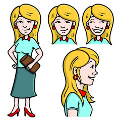 Businesswoman character cartoon character. whole body, upper body, emotions, set, illustration, blue, blond, bag.