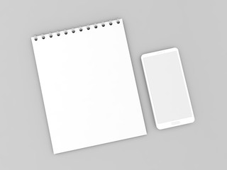 Notepad and mobile phone on a gray background. 3d render illustration.