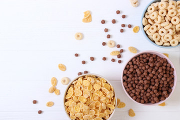 breakfast cereals on a light background top view.