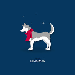 Christmas greeting card in paper cut style. Siberian husky on deep blue. © Amimy
