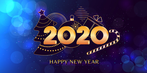 2020 Happy New Year text design with golden numbers on blue glitter bokeh light background. Holiday banner, poster, new year greeting card or invitation template.