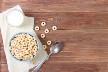 dry breakfast with milk on the table top view.