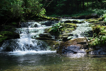 Naklejka na ściany i meble small mountain waterfall with clear water which flowing in the pond