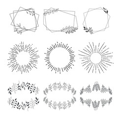 Hand Drawn Collection  of Wreath, Geometric Frames and Sunburst. Vector elements for logo, invitations, card, templates