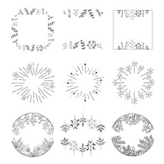 Hand Drawn Collection  of Square, Round Frames and Sunburst. Vector elements for logo, invitations, card, templates