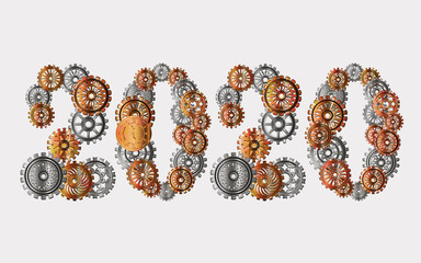 Inscription New Year 2020 in the style of steampunk. Vector illustration.