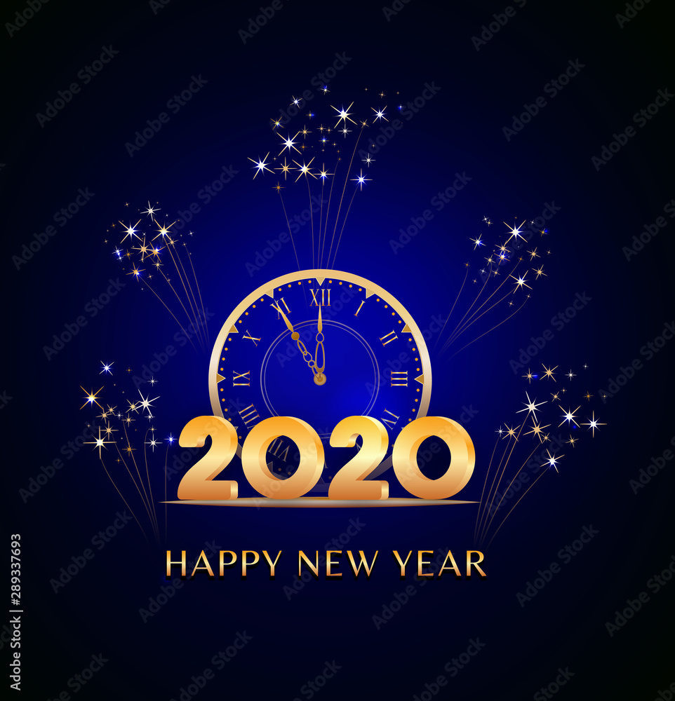 Wall mural happy new year 2020 text design with golden numbers and vintage clock countdown on dark blue backgro