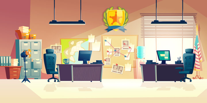 Police station or department, investigation bureau room interior with police officers work desks, detectives, special agents workplaces, office furniture, map and pin board cartoon vector illustration
