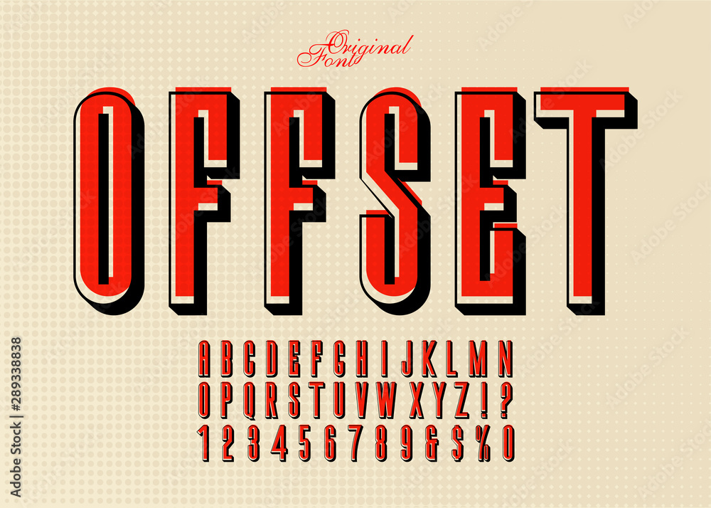 Aufkleber vintage sans serif alphabet with offset printing effect.