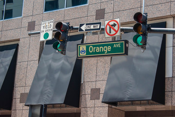 Orlando, Florida. August 17, 2019. Partial view of Orange Ave. , Grand Bohemian Hotel and Orlando...