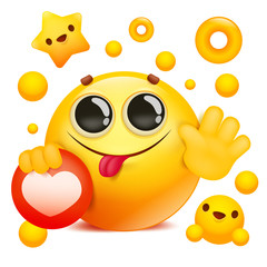 yellow emoji 3d smile face cartoon character holding social network icon