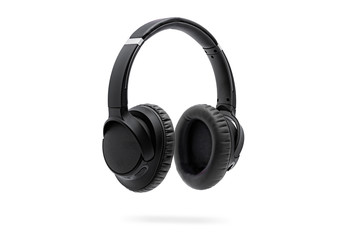 Isolated wireless overhead black headphones on a white background