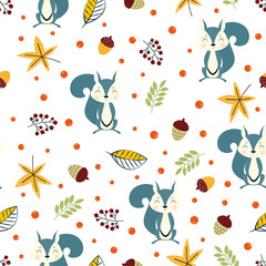 autumn pattern with squirrel and leaves