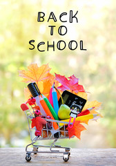 Back to school. fall season. harvest time, autumn sales. maple leaves and school stationery in supermarket cart.  autumn background. Concept of education, beginning of school year. shallow depth