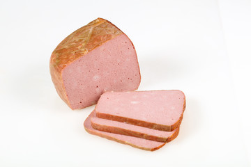 Tasty meat sausages over white background