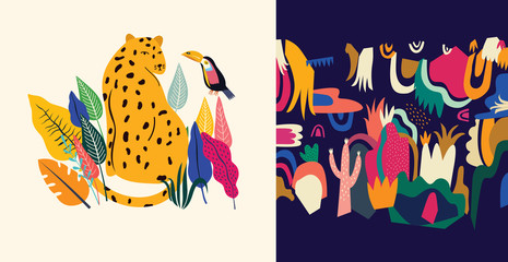 Tropical vector colorful illustration with leopard, flowers, toucan.