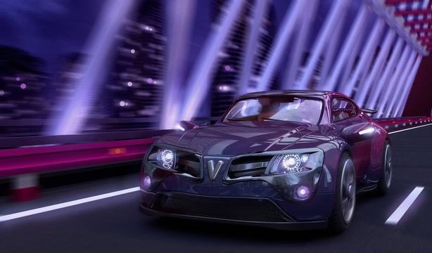 Purple passenger car of the original design rides on the night bridge. 3D illustration © cubart