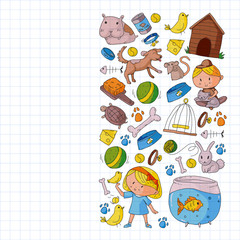 Pet shop. Vector illustration with animals, dog, cat, fish, Colorful background with kitten, bird, puppy. Veterinarian clinic.